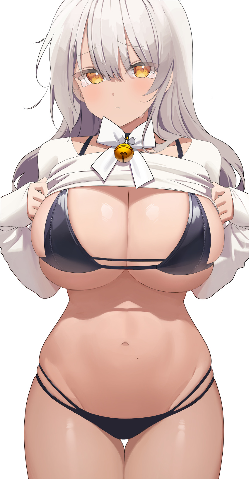 1girl absurdres bangs bikini black_bikini black_choker blush breasts choker cleavage closed_mouth clothes_lift commentary cowboy_shot english_commentary eyebrows_visible_through_hair frown groin hair_between_eyes highres large_breasts lifted_by_self long_hair long_sleeves looking_at_viewer multi-strapped_bikini myao_(o3o333) navel no_pants original revision shirt shirt_lift simple_background skindentation sleeves_past_wrists solo standing stomach string_bikini swimsuit tears thigh_gap white_background white_hair white_shirt yellow_eyes