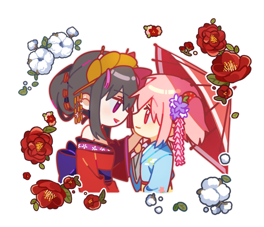 2girls akemi_homura alternate_costume alternate_hairstyle back_bow bare_shoulders black_hair blue_kimono bow camellia chibi closed_mouth commentary_request cotton_boll cropped_torso eye_contact eyebrows_visible_through_hair eyes_visible_through_hair face-to-face flower from_side hair_bun hair_flower hair_ornament hair_ribbon hair_up hairpin half-closed_eyes hand_on_another's_cheek hand_on_another's_face hand_up headpiece japanese_clothes jitome kaname_madoka kimono leaf light_smile looking_at_another mahou_shoujo_madoka_magica mamasna_(mattna_mmm) multiple_girls obi off-shoulder_kimono off_shoulder outline parted_lips pink_eyes pink_hair polka_dot profile purple_bow purple_eyes purple_flower purple_sash red_flower red_kimono red_outline red_ribbon ribbon sash sidelocks simple_background tassel tied_hair twintails upper_body white_background white_flower white_outline yellow_sash yuri