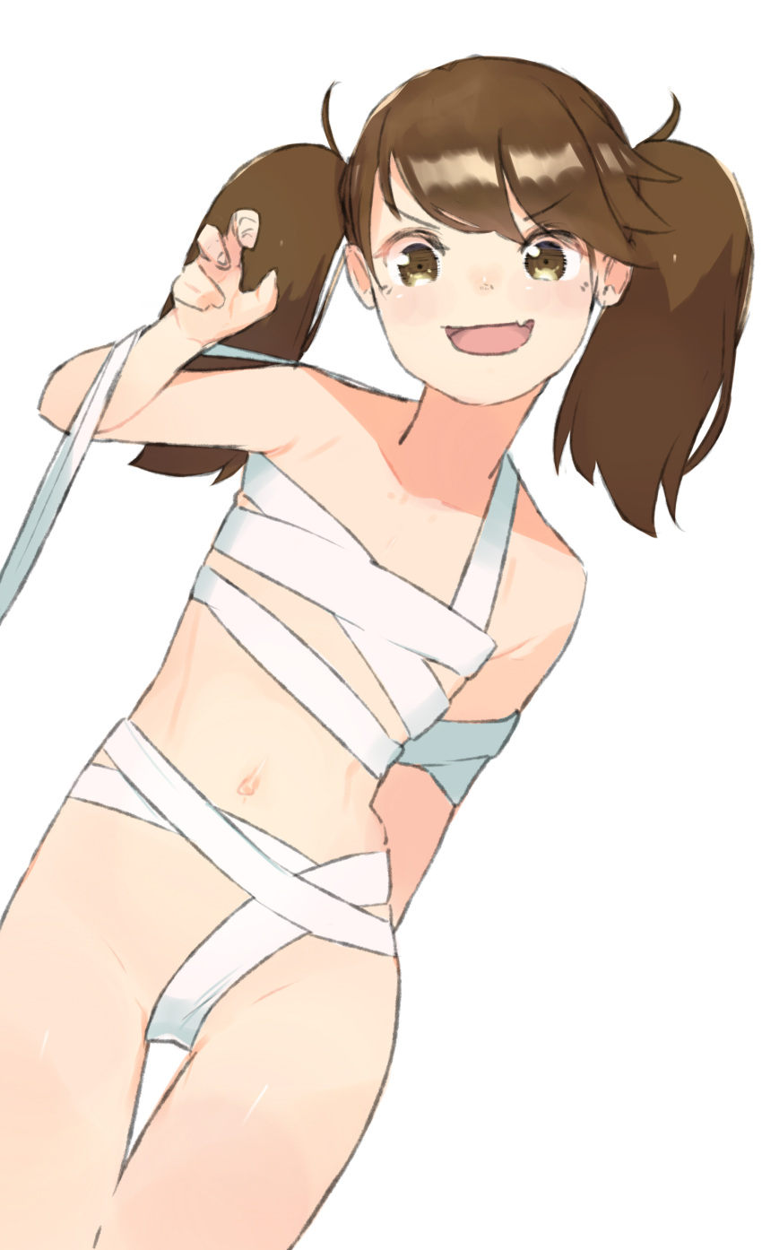 1girl absurdres alternate_costume arm_behind_back bandages bangs blush brown_eyes brown_hair co_botan collarbone eyebrows_visible_through_hair fang flat_chest highres kantai_collection long_hair looking_at_viewer naked_bandage navel open_mouth ryuujou_(kancolle) simple_background skin_fang solo thigh_gap twintails white_background