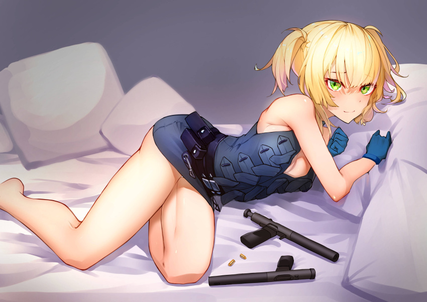1girl absurdres apple_field bangs bare_shoulders blonde_hair blue_gloves breasts cleavage commentary_request commission girls'_frontline gloves green_eyes gun handgun highres legs looking_at_viewer medium_breasts miniskirt on_bed pillow short_hair skeb_commission skirt sleeveless smile solo twintails weapon welrod_mk2 welrod_mkii_(girls'_frontline)