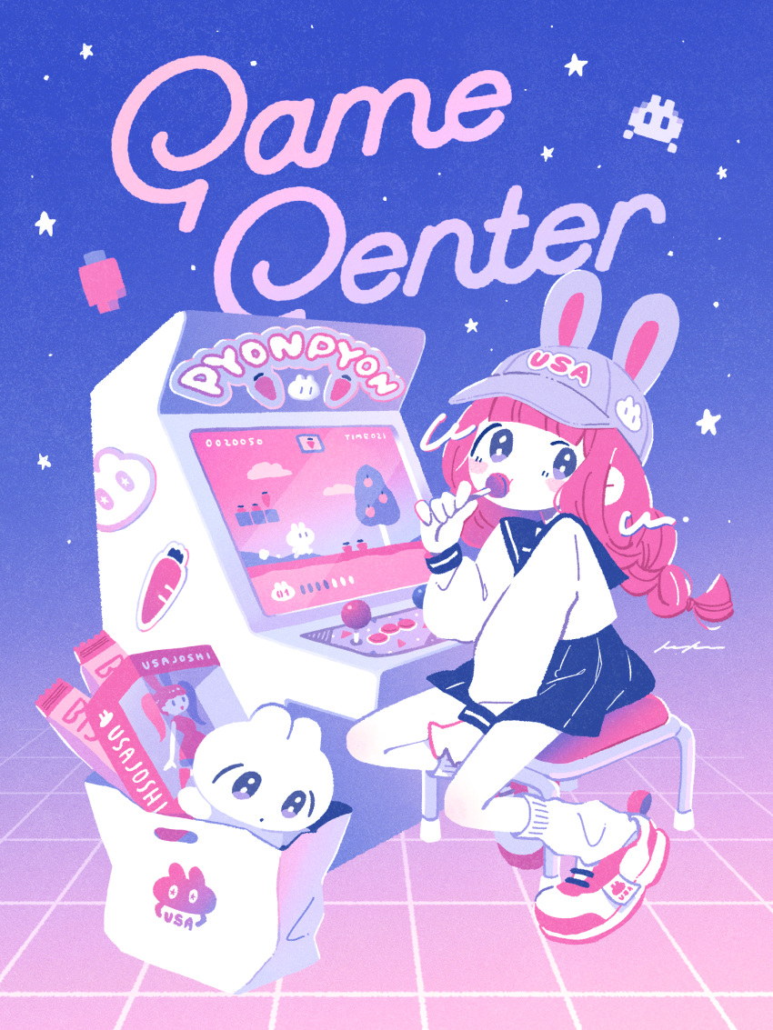 1girl :t animal_ears animal_hat animal_print arcade arcade_cabinet arm_support bag bangs baseball_cap between_legs blouse blue_background blue_eyes blue_headwear blue_sailor_collar blue_skirt blunt_bangs blush_stickers braid bunny bunny_print candy carrot clothes_writing controller doll dot_mouth english_text fake_animal_ears film_grain floor food food_in_mouth from_side full_body gradient gradient_background hand_between_legs hand_up hat highres holding holding_candy holding_food holding_lollipop in_bag in_container joystick keke_(kotowari) kneehighs light_purple_eyes limited_palette lollipop long_hair long_sleeves looking_at_viewer looking_to_the_side loose_socks low_twin_braids low_twintails miniskirt no_lineart no_nose original perspective pleated_skirt print_headwear puffy_long_sleeves puffy_sleeves rabbit_ears romaji_text sailor_collar school_uniform serafuku shoes shopping_bag signature sitting skirt sleeve_cuffs sneakers solo star_(symbol) sticker stool tareme toy twin_braids twintails two-tone_footwear video_game white_bag white_blouse white_footwear white_legwear |_|