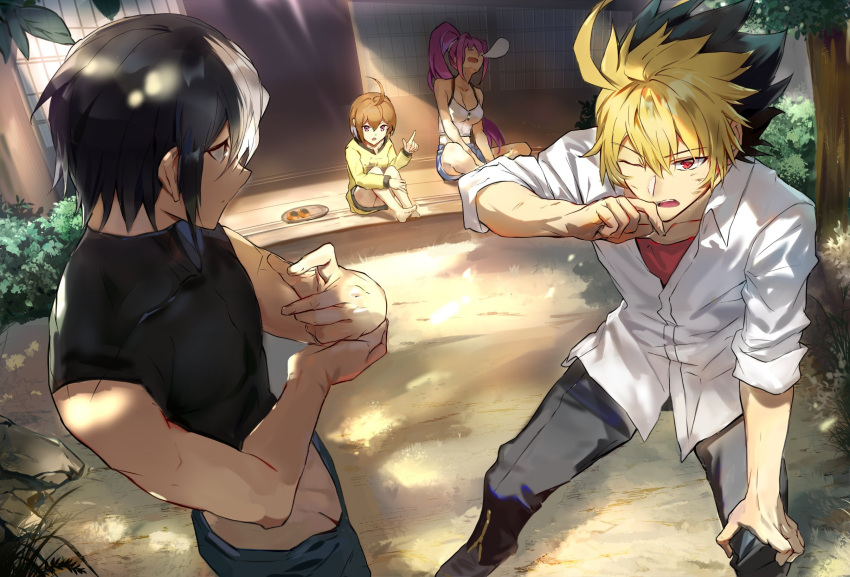 2boys 2girls ahoge black_hair black_pants blonde_hair breasts brown_hair cleavage crop_top highres hyde_(under_night_in-birth) linne multicolored_hair multiple_boys multiple_girls nose_bubble one_eye_closed outdoors pants plate porch purple_hair qitoli red_eyes seth_(under_night_in-birth) shirt shorts sitting sleeveless sleeveless_shirt two-tone_hair under_night_in-birth yuzuriha_(under_night_in-birth)