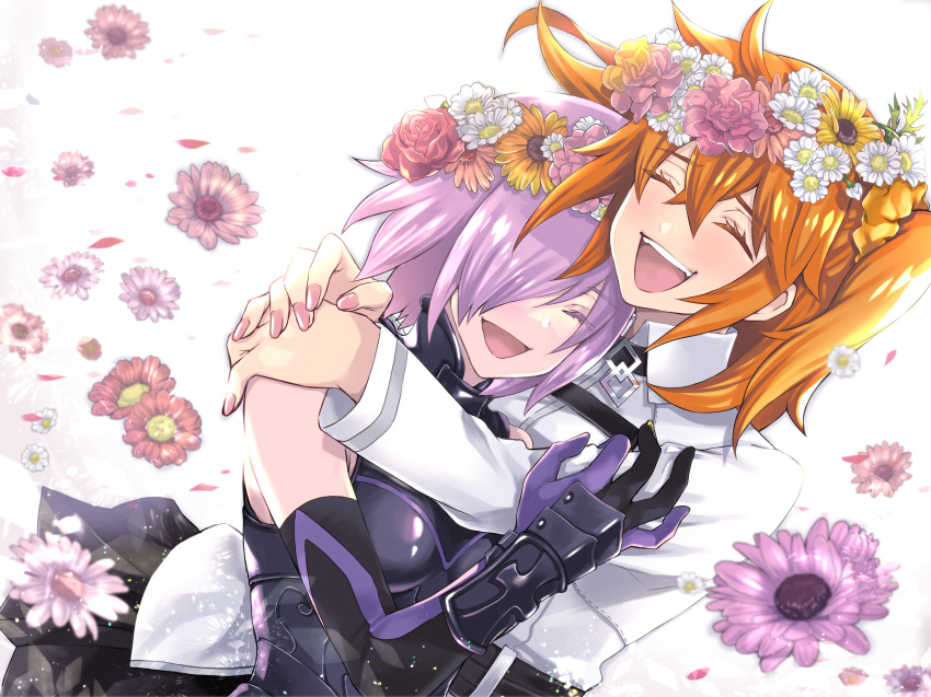 2girls absurdres armor bangs belt black_armor boobplate chaldea_logo chaldea_uniform closed_eyes commentary_request duplicate elbow_gloves endou_minari eyebrows_visible_through_hair fate/grand_order fate_(series) fingernails flower fujimaru_ritsuka_(female) gauntlets gloves hair_between_eyes hair_flower hair_ornament hair_over_one_eye hair_scrunchie hand_on_another's_arm hand_on_another's_shoulder happy head_wreath highres hug jacket light_purple_hair long_sleeves mash_kyrielight multiple_girls one_eye_covered open_mouth orange_hair petals pink_flower pink_nails pixel-perfect_duplicate ponytail red_flower red_rose rose scrunchie short_hair side_ponytail sidelocks smile sunflower teeth uniform upper_body upper_teeth white_background white_flower white_jacket yellow_flower yellow_scrunchie