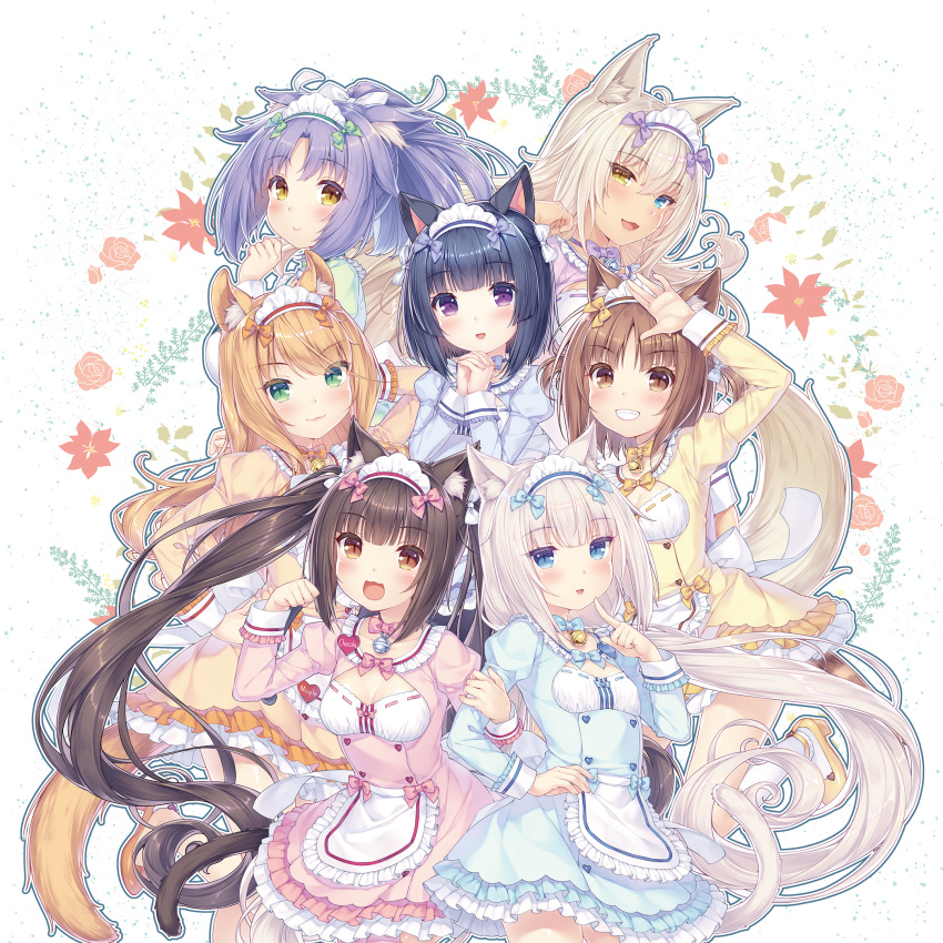 6+girls :3 :d animal_ear_fluff animal_ears apron arm_behind_head arm_up azuki_(nekopara) back_bow bangs bell black_hair blonde_hair blue_bow blue_eyes blunt_bangs blush bow bow_choker bowtie breasts brown_eyes brown_hair cat_ears cat_girl cat_tail chocola_(nekopara) choker cinnamon_(nekopara) cleavage cleavage_cutout clenched_hand clothing_cutout coconut_(nekopara) dress eyebrows_visible_through_hair eyes_visible_through_hair fake_animal_ears fang finger_to_face frilled_apron frills green_bow green_eyes grin hair_between_eyes hair_ribbon hand_up heterochromia highres holding_another's_arm index_finger_raised jingle_bell juliet_sleeves long_hair long_sleeves looking_at_viewer low_twintails maid_headdress maple_(nekopara) matching_outfit medium_hair minazuki_shigure multiple_girls name_tag neck_bell nekopara official_art open_mouth orange_bow outline own_hands_clasped own_hands_together paw_pose photoshop_(medium) pink_bow ponytail puffy_sleeves purple_bow purple_eyes purple_hair ribbon ribbon-trimmed_clothes ribbon_trim sayori_(neko_works) short_dress short_hair slit_pupils small_breasts smile strappy_heels tail transparent_background twintails vanilla_(nekopara) very_long_hair waist_apron waving white_hair white_ribbon yellow_bow yellow_eyes