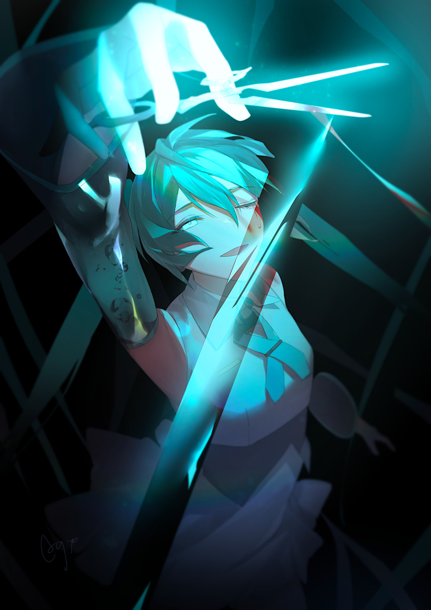 1girl agyou_sonokou_l aqua_eyes aqua_hair aqua_necktie arm_up bare_shoulders black_background black_sleeves blood blood_on_face bubble commentary cutting detached_sleeves glowing half-closed_eye hatsune_miku highres holding holding_scissors long_hair looking_up necktie one_eye_closed open_mouth ribbon scissors shirt sleeveless sleeveless_shirt smile solo twintails very_long_hair vocaloid