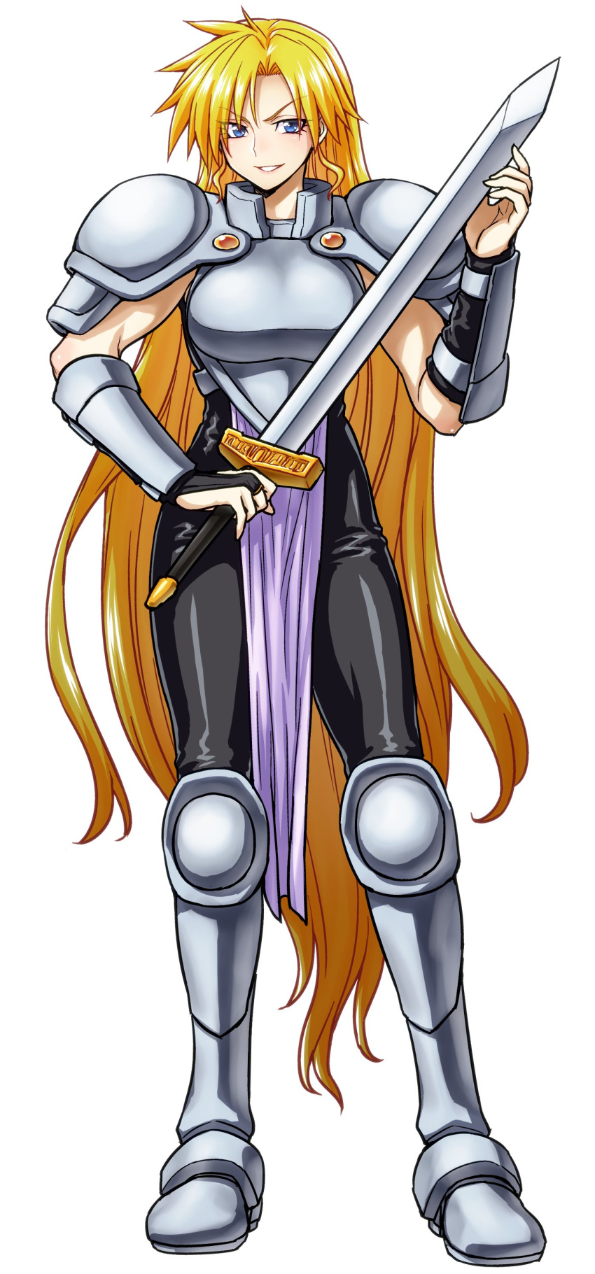 1girl absurdres armor black_pants blonde_hair blue_eyes boobplate breastplate full_body grin hand_up highres holding holding_sword holding_weapon itou_yuuji janne_d'arc long_hair looking_at_viewer metal_boots pants parted_lips pauldrons shoulder_armor simple_background smile solo sword vambraces very_long_hair weapon white_background world_heroes