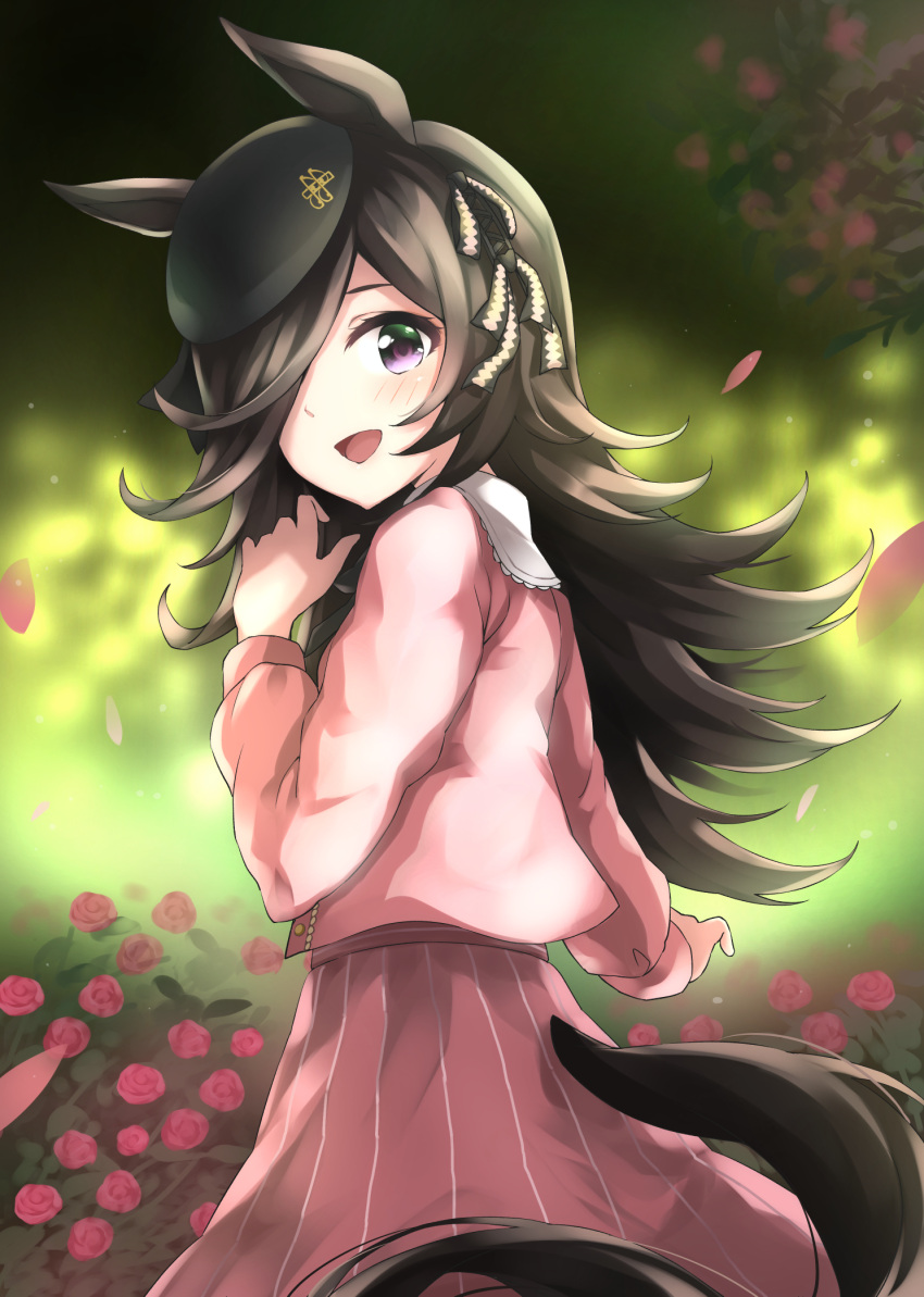 1girl :d animal_ears bangs beret black_hair black_headwear blush commentary_request flower hair_over_one_eye hand_up hat highres horse_ears horse_girl horse_tail jacket long_hair long_sleeves looking_at_viewer looking_to_the_side open_mouth petals pink_flower pink_jacket pink_rose pink_skirt purple_eyes raidensan rice_shower_(umamusume) rose skirt smile solo tail umamusume very_long_hair