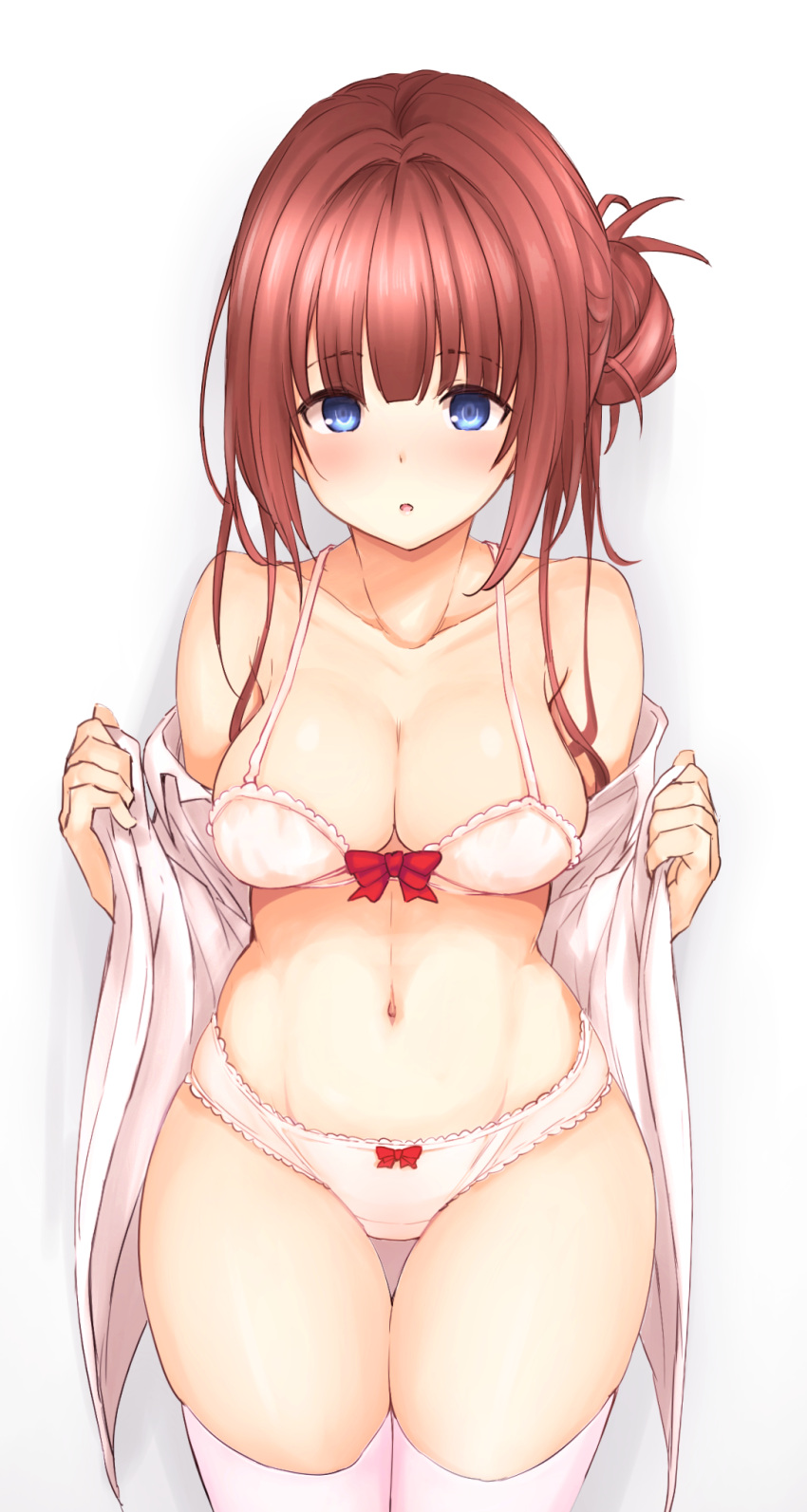 1girl bangs blue_eyes blunt_bangs bra breasts brown_hair cleavage collarbone collared_shirt commentary_request dress_shirt eyebrows_visible_through_hair hair_between_eyes highres long_hair looking_at_viewer medium_breasts navel open_mouth original panties shirt sidelocks simple_background standing tatsuhiko thigh_gap thighhighs thighs underwear undressing white_background white_bra white_legwear white_panties white_shirt