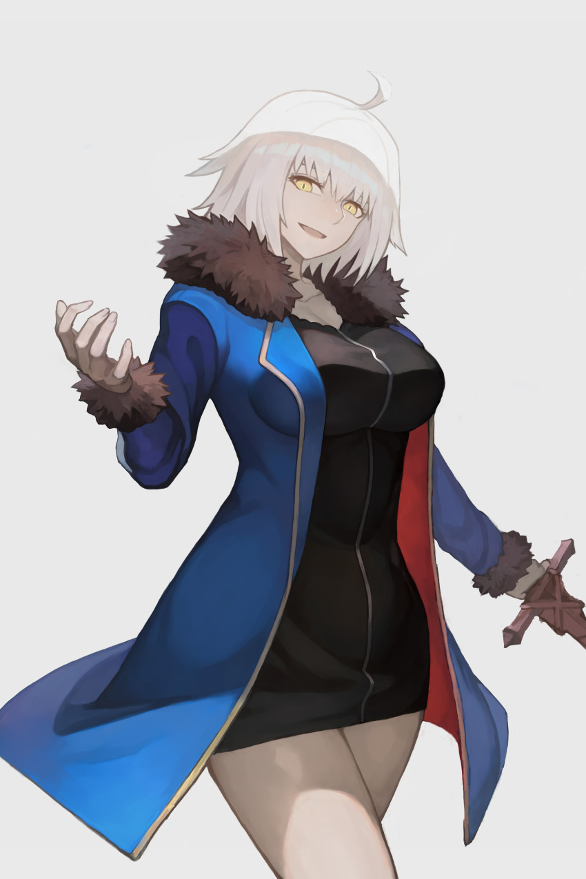 1girl absurdres ahoge bangs black_dress blue_coat breasts cjyoung cleavage coat collarbone cowboy_shot dress fate/grand_order fate_(series) fur-trimmed_coat fur_trim grey_background highres jeanne_d'arc_(alter)_(fate) jeanne_d'arc_(fate) large_breasts long_sleeves looking_at_viewer open_clothes open_coat open_mouth short_dress short_hair silver_hair simple_background smile solo standing sword thighs weapon wicked_dragon_witch_ver._shinjuku_1999 yellow_eyes