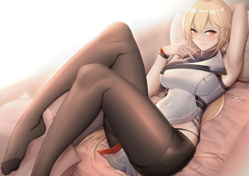 1girl absurdres arm_behind_head armpits arms_up artist_name bangs black_legwear blonde_hair blush bracelet braid breasts china_dress chinese_clothes closed_mouth commentary_request dated dress eyebrows_visible_through_hair feet french_braid girls'_frontline girls'_frontline_2:_exilium highres jewelry legs long_hair looking_at_viewer lying medium_breasts on_back on_bed orange_eyes ots-14_(girls'_frontline) panties panties_under_pantyhose pantyhose pillow signature simple_background solo thighs underwear white_dress zhishi_ge_fangzhang