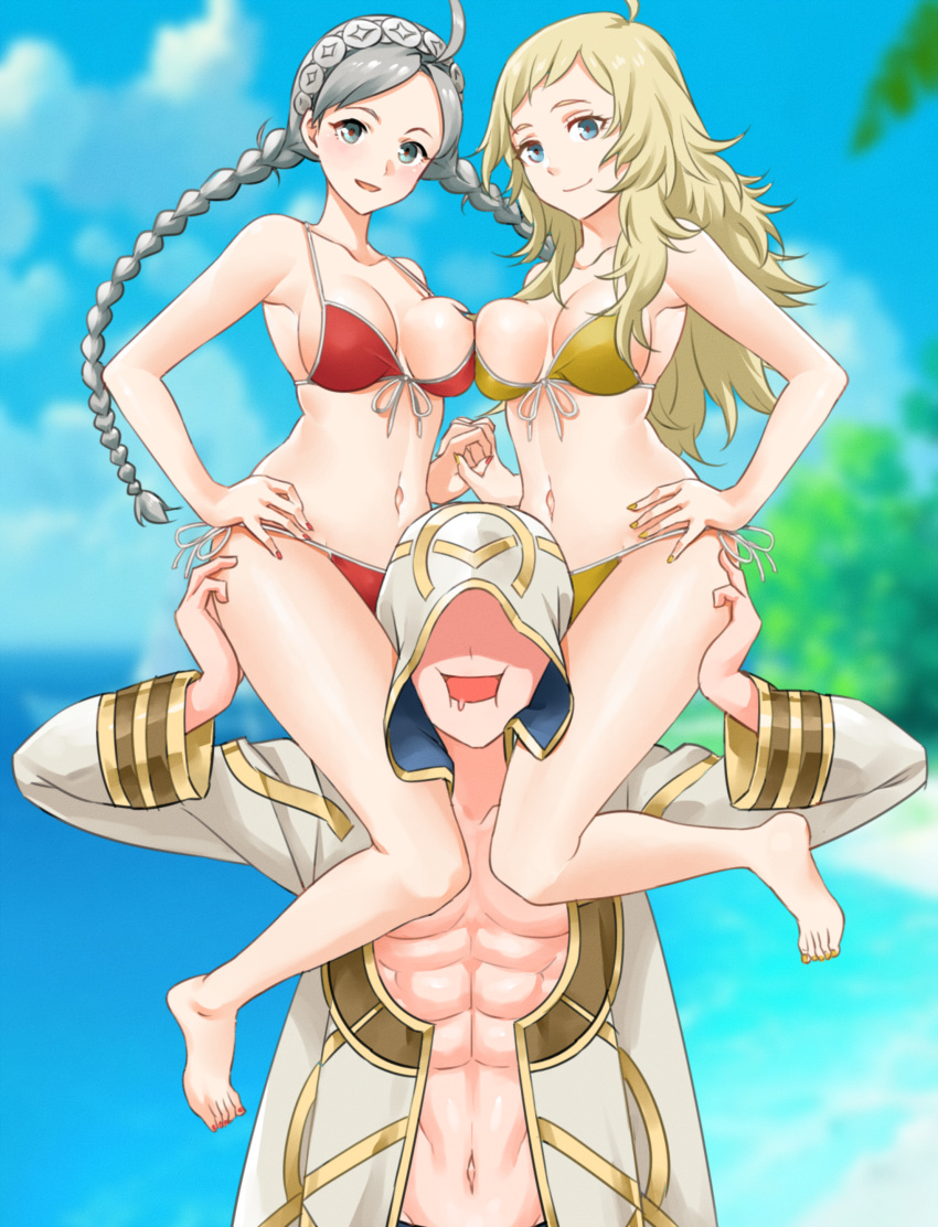 1boy 2girls abs absurdres ahoge alternate_costume bangs beach bikini blonde_hair blue_eyes braid breast_press breasts cleavage cloud collarbone commission commissioner_upload fingernails fire_emblem fire_emblem_fates fire_emblem_heroes full_body gold_bikini gold_nails head_between_thighs hetero highres hood igni_tion kiran_(fire_emblem) long_hair looking_at_viewer medium_breasts multiple_girls nail_polish navel nina_(fire_emblem) ocean open_mouth ophelia_(fire_emblem) red_bikini red_nails red_swimsuit side-tie_bikini swimsuit thighs twin_braids upper_body white_hair yellow_bikini yellow_nails yellow_swimsuit