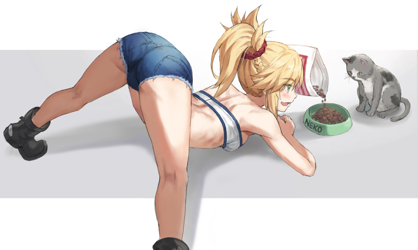 1girl ass bandeau bangs bare_shoulders blonde_hair blue_shorts boots bowl braid breasts cat cat_food commentary_request denim denim_shorts fate/apocrypha fate_(series) french_braid green_eyes hair_ornament hair_scrunchie highres jack-o'_challenge kneepits long_hair mordred_(fate) mordred_(fate/apocrypha) open_mouth parted_bangs pet_bowl ponytail red_scrunchie revision scrunchie short_shorts shorts sidelocks small_breasts smile spread_legs strapless tonee top-down_bottom-up tube_top