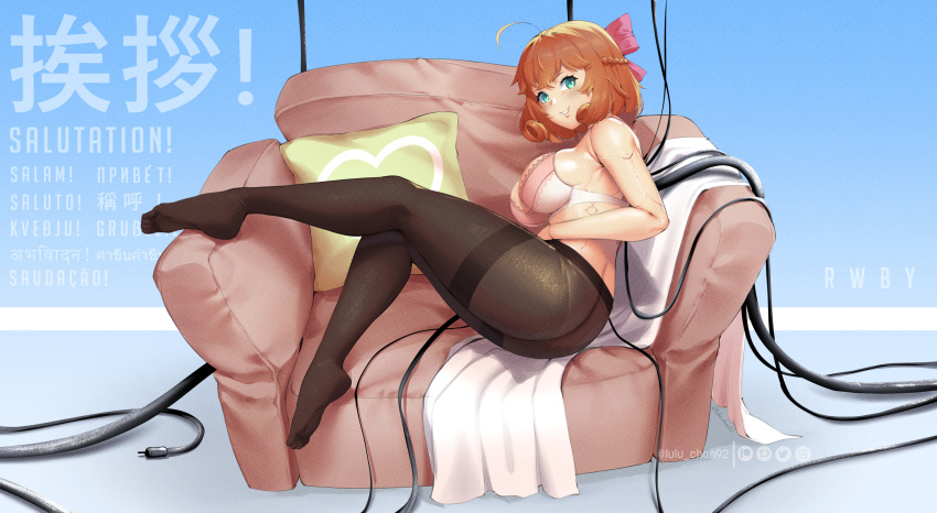 1girl ahoge alternate_breast_size android aqua_eyes ass bare_shoulders bra braid breasts cleavage couch curly_hair from_side full_body grin highres lace-trimmed_bra lace_trim large_breasts looking_at_viewer lulu-chan92 mechanical_arms medium_hair no_shoes orange_hair pantyhose penny_polendina pink_bra reward_available rwby shiny shiny_skin sideboob sitting skindentation smile solo thick_thighs thighs underwear