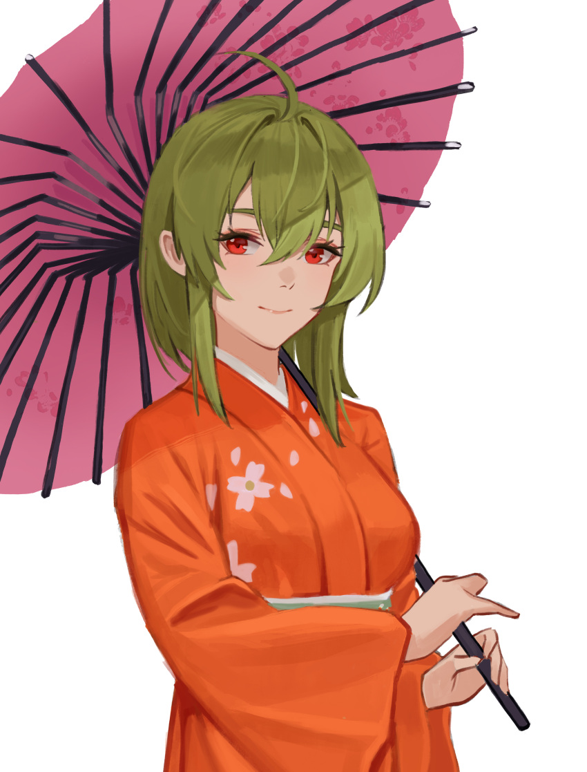 1girl absurdres ahoge closed_mouth eyelashes fl-chan fl_studio floral_print green_hair hair_between_eyes highres holding holding_umbrella japanese_clothes jonbur_man kimono looking_at_viewer medium_hair orange_kimono red_eyes sidelocks simple_background sky smile solo umbrella upper_body white_background wide_sleeves