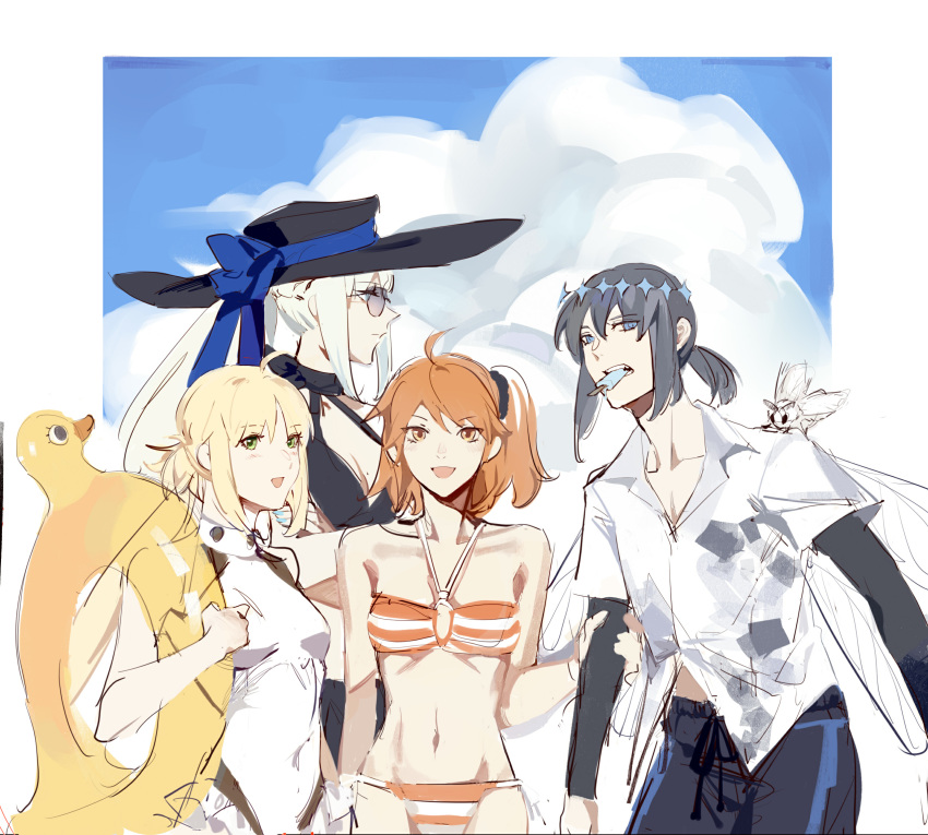 1boy 2717233867 3girls ahoge artoria_pendragon_(caster)_(fate) artoria_pendragon_(fate) bangs bikini black_bikini black_headwear black_shorts blonde_hair blue_eyes blue_sky blush braid breasts brilliant_summer bug cleavage collared_shirt covered_navel diamond_hairband fate/grand_order fate_(series) food french_braid fujimaru_ritsuka_(female) green_eyes grey_hair hair_ornament hair_scrunchie hat highres innertube insect_wings large_breasts long_hair looking_at_viewer medium_breasts morgan_le_fay_(fate) moth mouth_hold multiple_girls oberon_(fate) one-piece_swimsuit one_side_up orange_bikini orange_eyes orange_hair ponytail popsicle scrunchie shirt short_hair short_ponytail short_sleeves shorts sidelocks sky small_breasts spoilers striped striped_bikini sun_hat swimsuit thighs twintails very_long_hair white_bikini white_shirt white_swimsuit wings