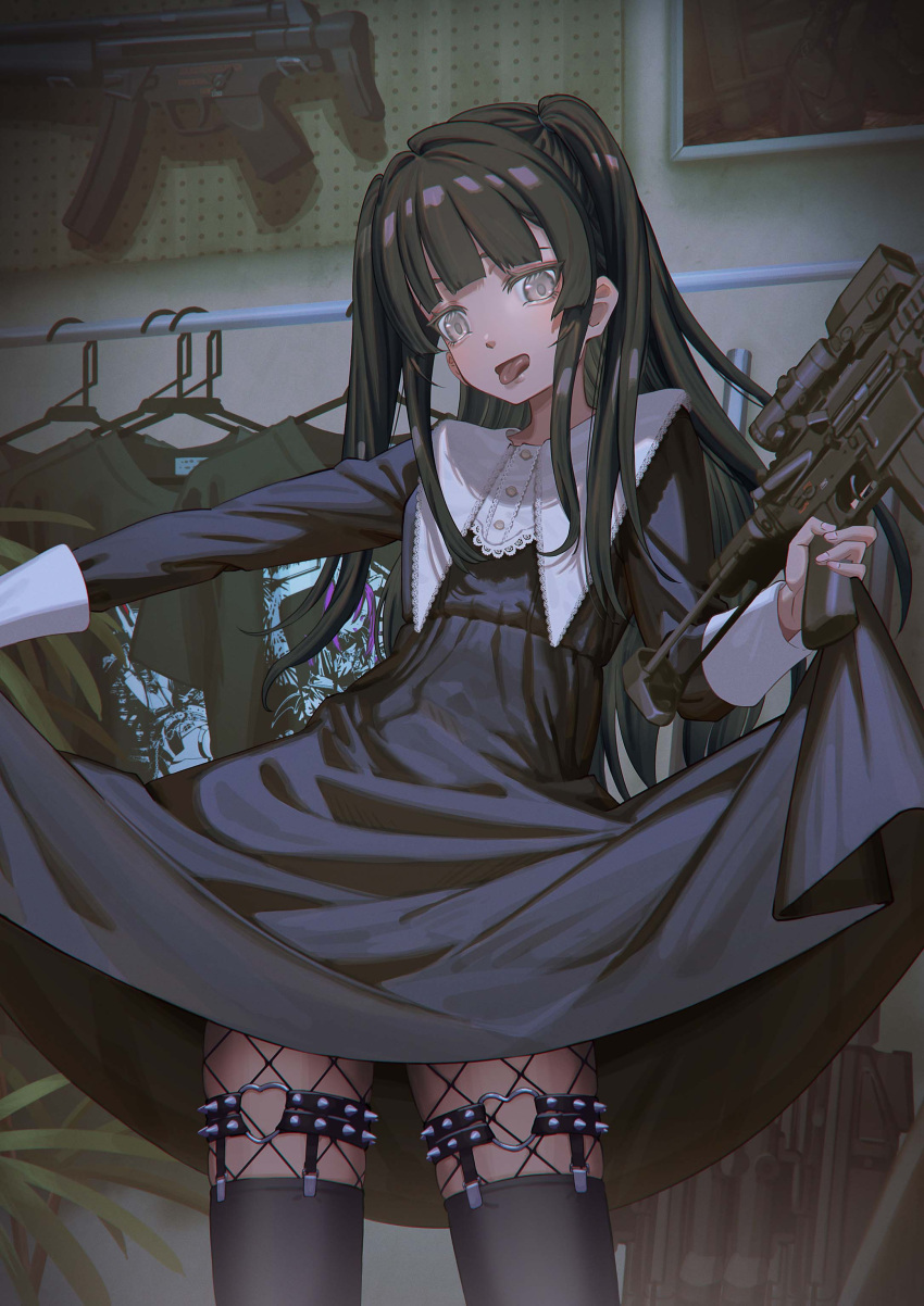 1girl absurdres assault_rifle bangs black_dress black_hair black_legwear black_shirt brown_eyes clothes_hanger commentary_request dress eyebrows_behind_hair fishnet_legwear fishnets gun h&amp;k_hk416 h&amp;k_mp5 heart_ring highres hironii_(hirofactory) holding holding_gun holding_weapon indoors long_hair original rifle shirt shirt_removed skirt_hold solo spikes standing submachine_gun tongue tongue_out two_side_up very_long_hair weapon weapon_request