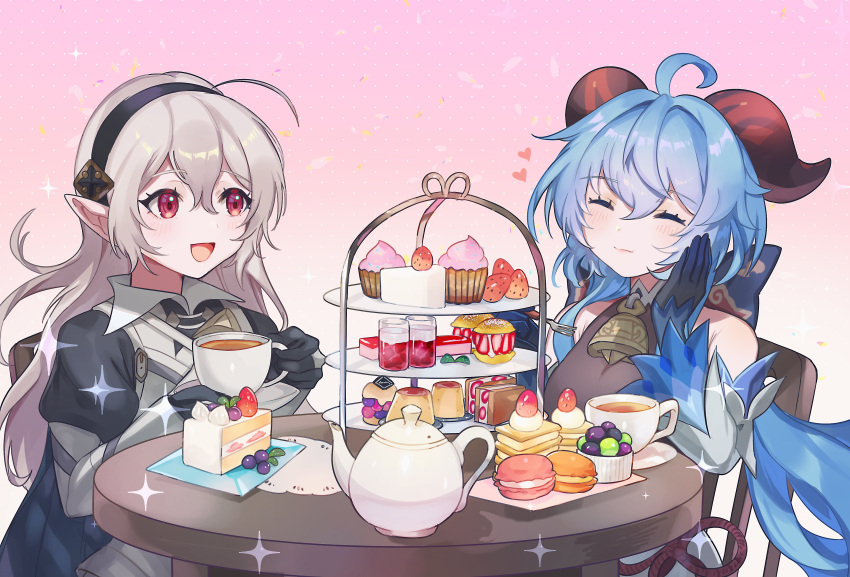 2girls absurdres ahoge armor armored_dress bangs bare_shoulders bell black_gloves black_headband blue_hair blush bow cake cake_slice chair closed_eyes closed_mouth commentary commission corrin_(fire_emblem) corrin_(fire_emblem)_(female) crossover cup cupcake curled_horns dress eating eyebrows_visible_through_hair fire_emblem fire_emblem_fates food fruit ganyu_(genshin_impact) gauntlets genshin_impact gloves goat_horns grey_hair hair_between_eyes hair_bow hand_on_own_cheek hand_on_own_face headband heart highres holding holding_cup horns juliet_sleeves lips long_hair long_sleeves looking_at_another macaron manakete multiple_girls neck_bell open_mouth pink_lips pointy_ears ponytail pudding puffy_sleeves red_eyes red_horns sidelocks sitting smile strawberry symbol-only_commentary table teacup teapot very_long_hair wide_sleeves yasaikakiage