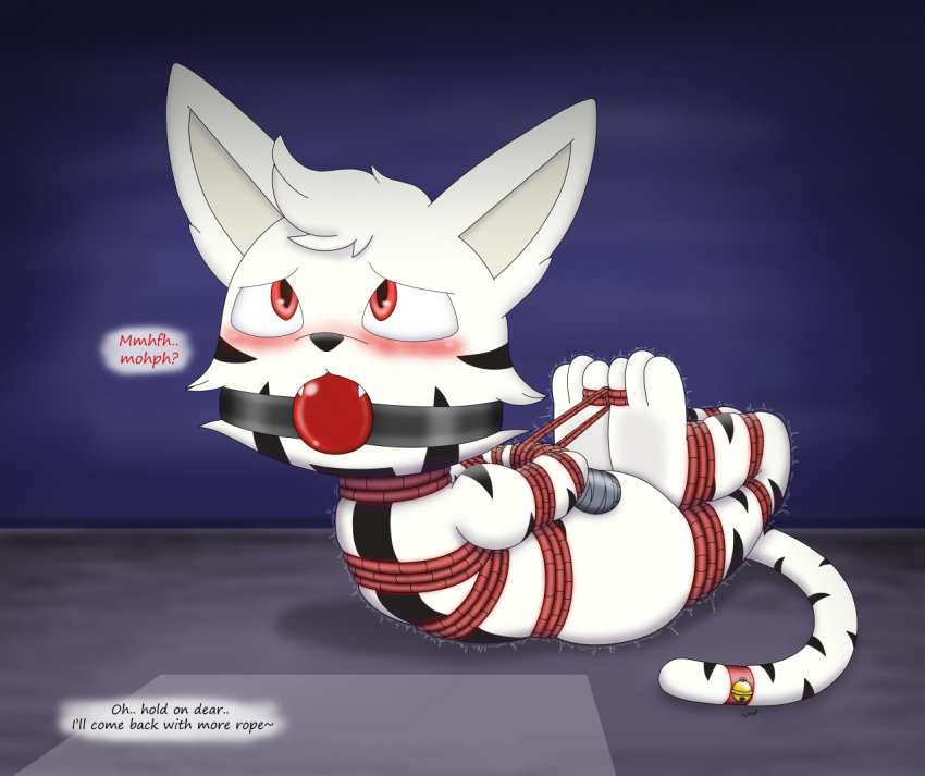 ambiguous_gender anthro ball_gag bdsm blush bound charly-sparks felid fur gag hogtied looking_up mammal markings offscreen_character pantherine red_eyes solo striped_markings stripes tiger toes_tied white_body white_fur