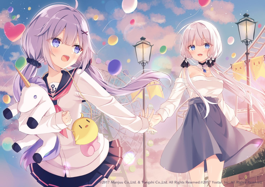 2girls :d anchor_symbol azur_lane bag balloon bangs black_sailor_collar black_scrunchie black_skirt blue_eyes breasts brick_wall cardigan cleavage commentary_request eyebrows_visible_through_hair feet_out_of_frame ferris_wheel grey_skirt hair_between_eyes hair_ornament hair_scrunchie hairclip hoshi_(snacherubi) illustrious_(azur_lane) lamppost long_hair low_twintails manjuu_(azur_lane) medium_breasts multiple_girls neckerchief object_hug off-shoulder_shirt off_shoulder official_art open_mouth outdoors outstretched_arm pink_neckerchief pleated_skirt purple_eyes roller_coaster sailor_collar scrunchie shirt shoulder_bag skirt smile stuffed_winged_unicorn sunset twintails unicorn_(azur_lane) unicorn_(long-awaited_date)_(azur_lane) very_long_hair watermark white_cardigan white_hair white_shirt x_hair_ornament