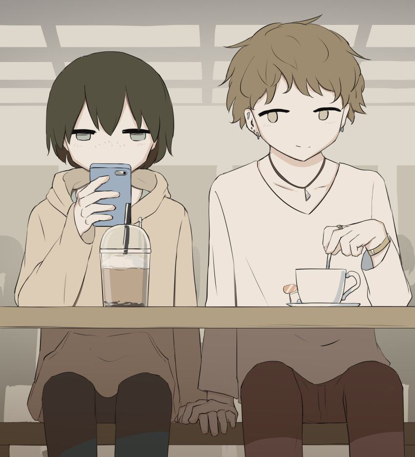 2boys absurdres avogado6 bangs bench blue_eyes blue_pants brown_hair bubble_tea cellphone closed_mouth coffee_mug collarbone commentary couple cup ear_piercing earrings freckles green_hair grey_hoodie highres holding holding_hands holding_phone hood hood_down hoodie indoors jewelry jitome long_sleeves looking_at_another looking_to_the_side mug multiple_boys necklace on_bench original pants phone piercing red_pants ring shirt short_hair sideways_glance sitting smartphone smile stirring table watch white_shirt wristwatch yaoi
