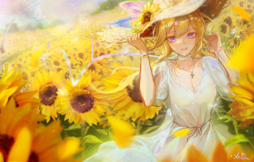 1girl :d absurdres alternate_costume bangs blonde_hair blue_eyes breasts choker cleavage collarbone commentary cowboy_shot day dress english_commentary eyebrows_visible_through_hair field flower flower_field genshin_impact hand_on_headwear hat hat_flower highres jean_(genshin_impact) looking_at_viewer md5_mismatch medium_breasts open_mouth outdoors puffy_short_sleeves puffy_sleeves short_hair short_sleeves sidelocks signature smile solo straw_hat sun_hat sunflower white_choker white_dress xude yellow_flower
