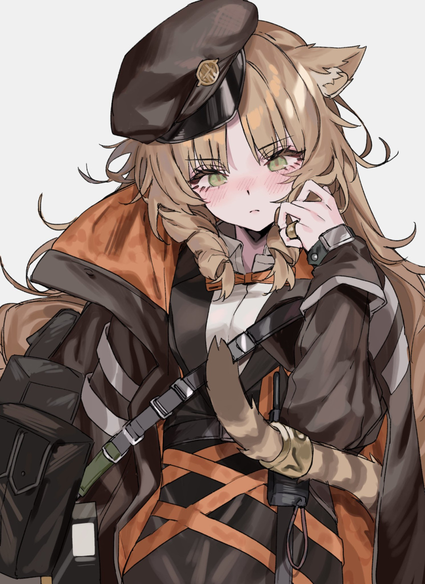 1girl animal_ears aogisa arknights beret black_headwear black_shirt blush bow bowtie brown_jacket eyebrows_visible_through_hair green_eyes grey_background hand_up hat highres jacket looking_at_viewer open_clothes open_jacket orange_bow orange_bowtie pinky_ring pouch shirt simple_background solo swire_(arknights) tail tiger_ears tiger_girl tiger_tail undershirt upper_body white_shirt