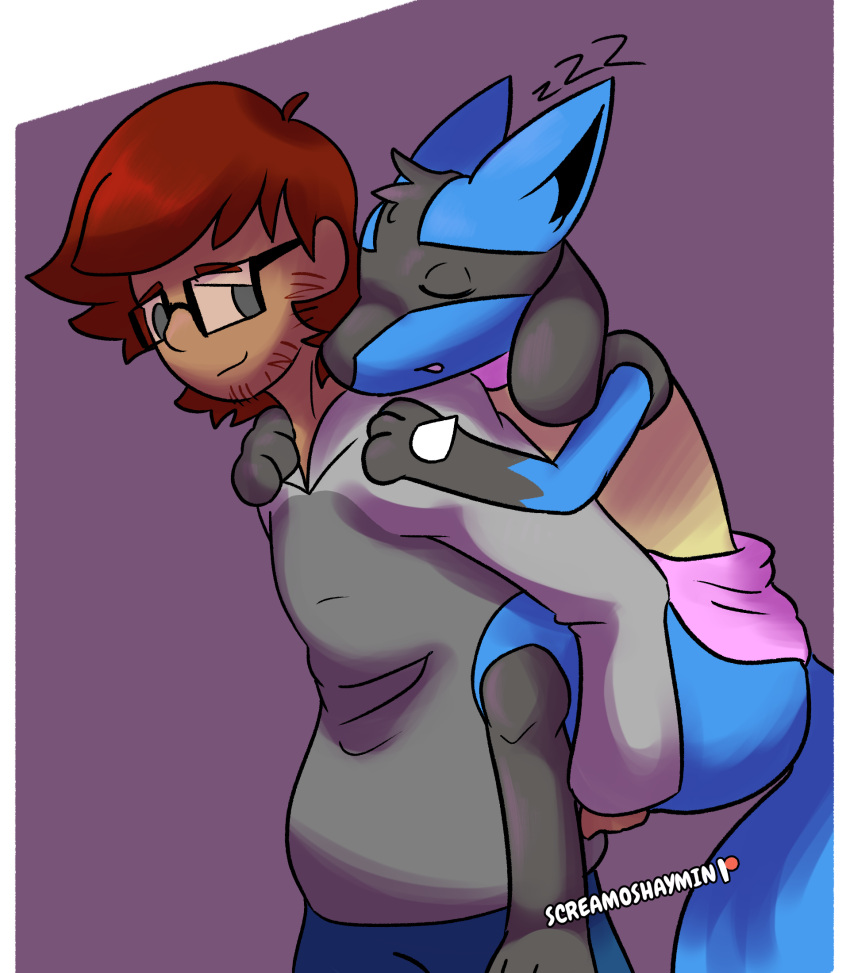 blake_rothenberg blue_body blue_fur carrying fur hair hi_res human lucario male mammal nintendo nonbinary_(lore) piggyback pok&eacute;mon pok&eacute;mon_(species) red_hair screamoshaymin sleeping video_games