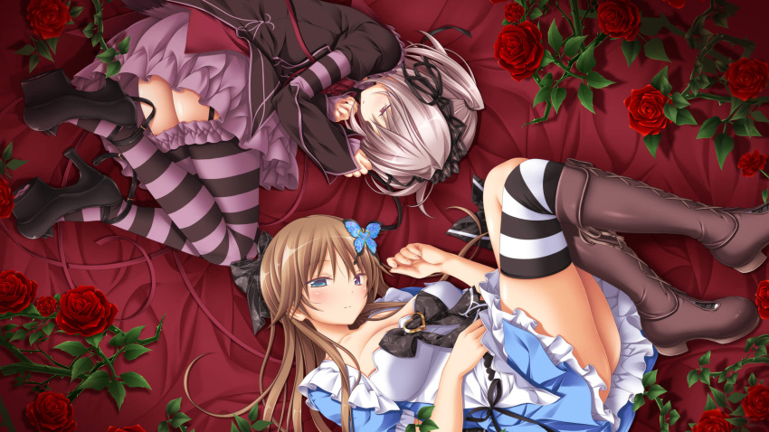 2girls black_footwear black_skirt black_thighhighs blonde_hair blue_dress blue_eyes blush boots breasts brown_footwear butterfly_hair_ornament closed_mouth collarbone dress fetal_position flower frilled_dress frills full_body hair_ornament hairband hapymaher high_heels highres knee_boots koku lolita_hairband long_hair looking_at_viewer lying medium_breasts multiple_girls naitou_maia on_side purple_skirt purple_thighhighs red_flower red_rose rose shoes skirt striped striped_thighhighs thighhighs thighs toriumi_arisu white_thighhighs zettai_ryouiki