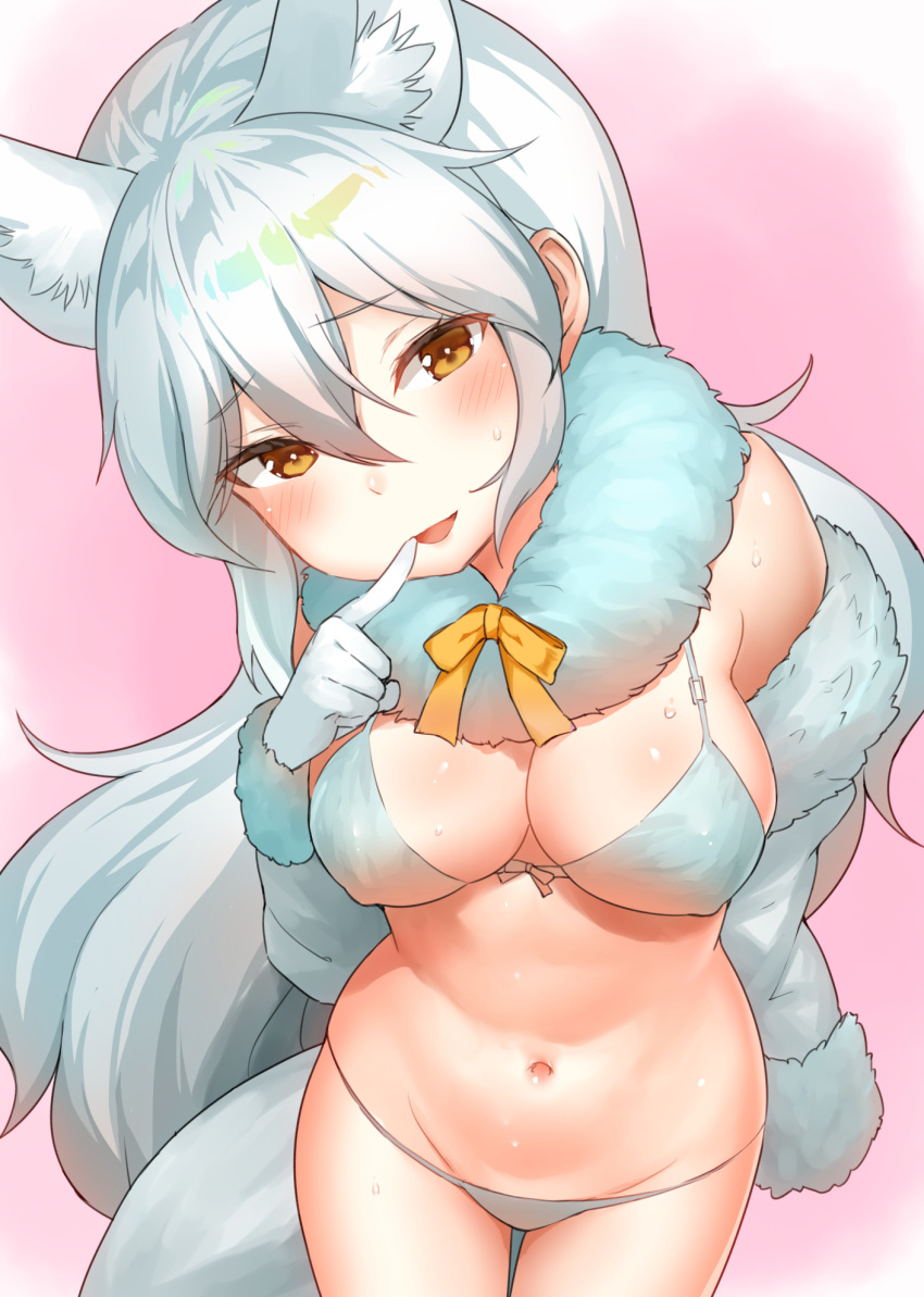 1girl animal_ear_fluff animal_ears arctic_fox_(kemono_friends) bangs bikini blush breasts choir_(artist) cleavage erect_nipples eyebrows_visible_through_hair finger_to_mouth fox_ears fox_tail fur-trimmed_sleeves fur_collar fur_trim gloves grey_bikini groin highres kemono_friends large_breasts long_hair long_sleeves looking_at_viewer navel open_mouth pink_background silver_hair simple_background smile solo standing stomach sweat swimsuit tail very_long_hair yellow_eyes