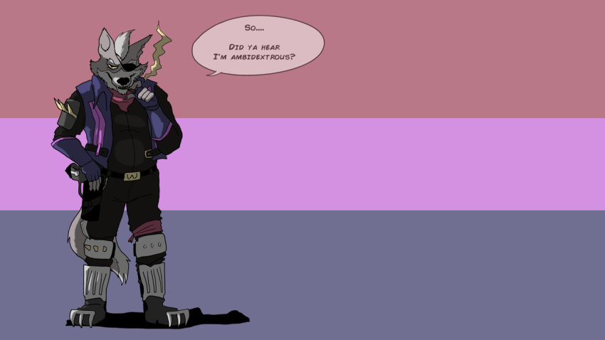 16:9 anthro bisexual bisexual_pride_colors black_nose canid canine canis clothed clothing english_text eye_patch eyewear female fredryk_phox fully_clothed fur grey_body grey_fur hair lgbt_pride male mammal nintendo pride_colors simple_background smoking solo star_fox star_fox_the_animated_series super_smash_bros. text video_games weapon white_hair widescreen wolf wolf_o'donnell yellow_sclera