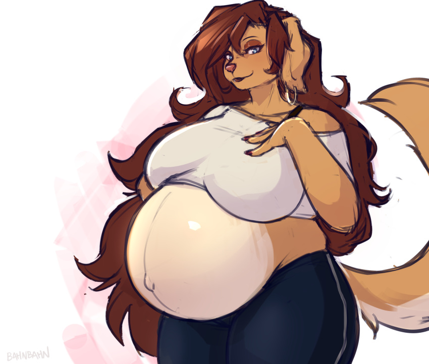 2021 absurd_res anthro bahnbahn_(artist) belly big_belly big_breasts bird_dog blue_eyes breasts brown_hair canid canine canis clothed clothing crop_top domestic_dog ear_piercing ear_ring female fur golden_retriever hair hi_res huge_breasts hunting_dog long_hair looking_at_viewer mammal mature_anthro mature_female navel outie_navel piercing pregnant pregnant_female retriever rhoda_(the_dogsmith) shirt smile solo tan_body tan_fur topwear