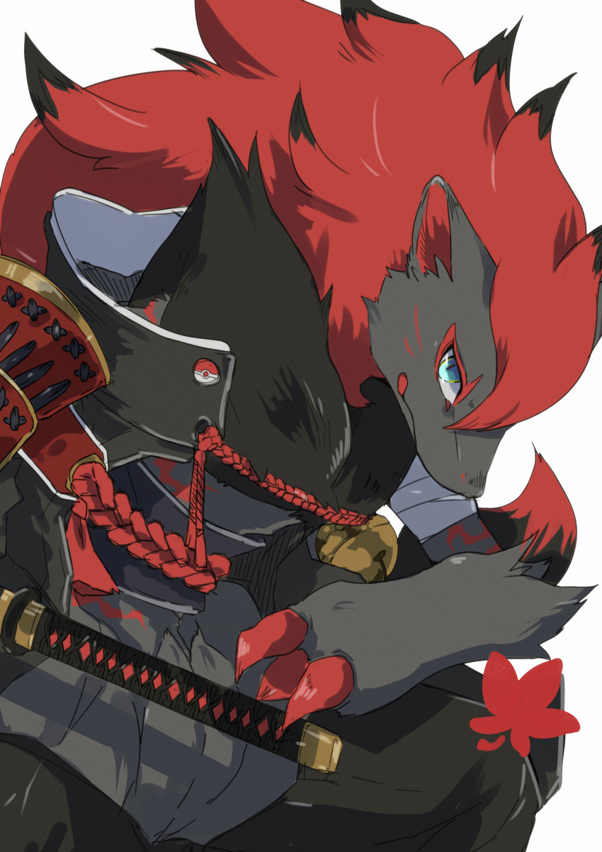 2021 3_fingers absurd_res anthro ao_gravity armor black_body black_fur blue_eyes claws digital_media_(artwork) finger_claws fingers fur hair hi_res inner_ear_fluff katana melee_weapon nintendo pok&eacute;mon pok&eacute;mon_(species) red_claws red_hair samurai shaded simple_background solo sword tuft video_games warrior weapon white_background zoroark