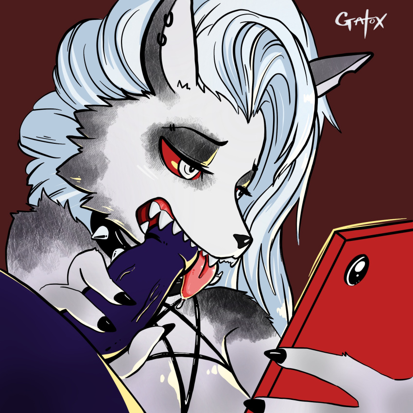 1:1 anthro bodily_fluids canid canid_demon cellphone collar demon distracted duo ear_piercing ear_ring erection fangs fellatio female female_focus fingernails fur gatox_(artist) genitals grey_body grey_fur hair harness hellhound helluva_boss hi_res long_fingernails looking_at_object looking_at_phone loona_(helluva_boss) male mammal nails oral penile penis pentagram pentagram_harness phone piercing red_sclera saliva saliva_on_tongue sex simple_background smartphone solo_focus spiked_collar spikes tongue tongue_out vein veiny_penis white_eyes white_hair