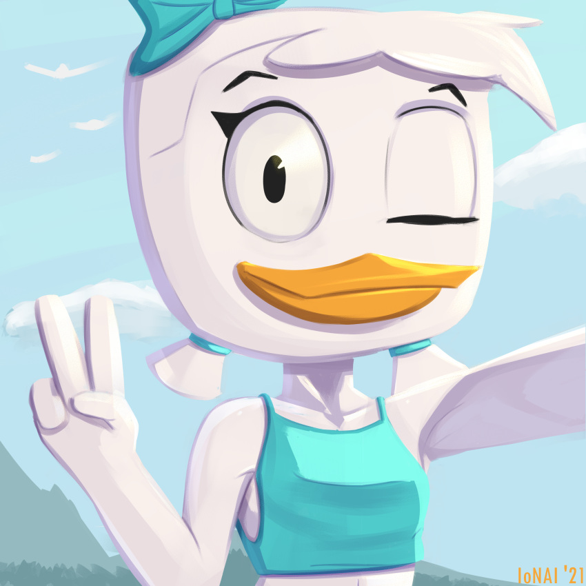 1:1 2021 4_fingers absurd_res anatid anseriform anthro avian bird blue_sky cloud day disney duck ducktales ducktales_(2017) female fingers gesture hi_res ionai june_duck looking_at_viewer one_eye_closed outside pigtails selfie sky solo v_sign wink