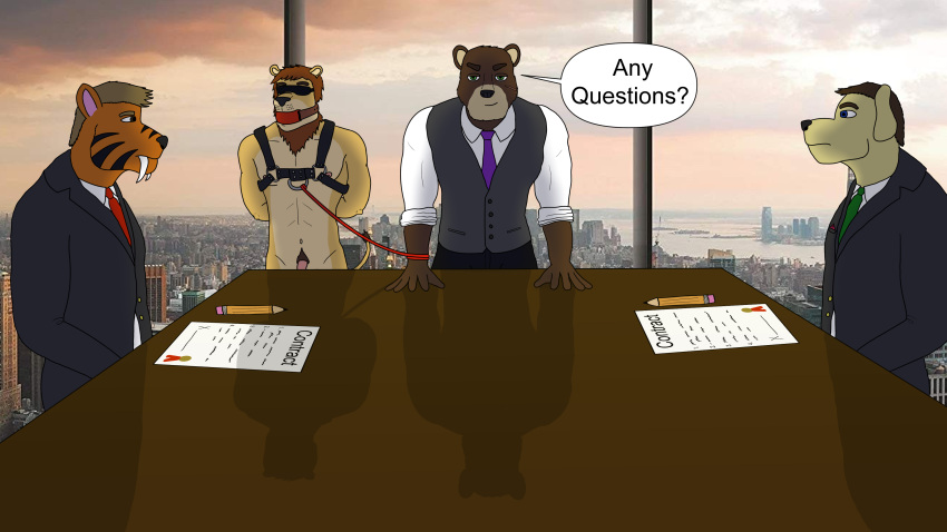 absurd_res anthro ball_gag bdsm blindfold bondage bound business_suit canid canine clothed clothed/nude clothing contract felid gag green_eyes group hands_behind_back harness hi_res leaning leaning_forward lion machairodontine male male/male mammal meeting necktie nude pantherine presenting rope skyline suit the_bad_otter_(artist) ursid