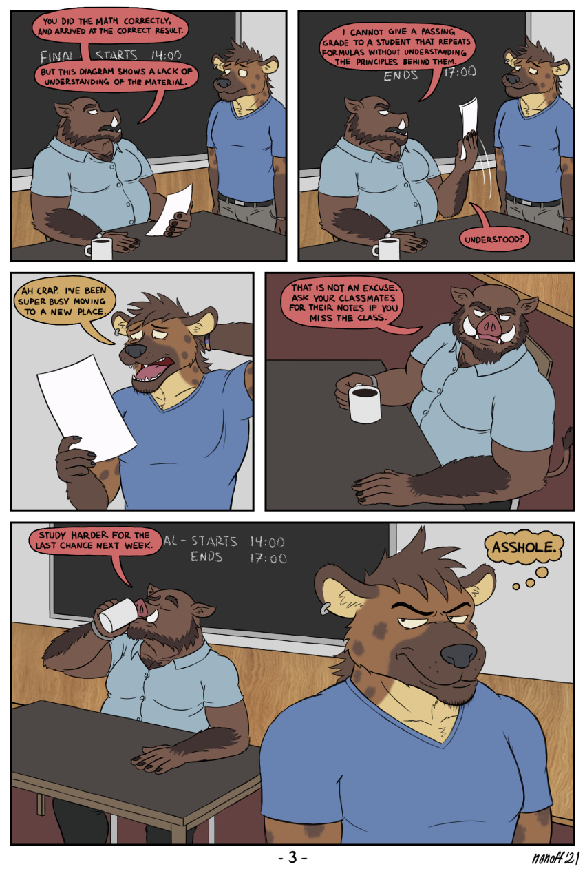 absurd_res anthro clothing comic dialogue dress_shirt drinking_coffee duo ear_piercing english_text hi_res hyaenid male male/male mammal musclegut muscular muscular_male nanoff piercing school shirt sitting spotted_hyena student suarez_(nanoff) suid suina sus_(pig) teacher teacher_and_student text topwear university walter_(nanoff) wild_boar