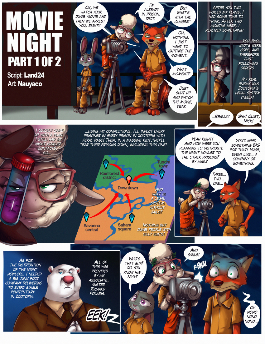 absurd_res anthro bovid camera canid canine caprine clothing cloud comic dawn_bellwether dialogue disney english_text eyewear female fox glasses hi_res judy_hopps lagomorph leporid male mammal movie_screen nauyaco nick_wilde night_howlers polar_bear prison_jumpsuit rabbit robe screen sheep speech_bubble text ursid ursine zootopia