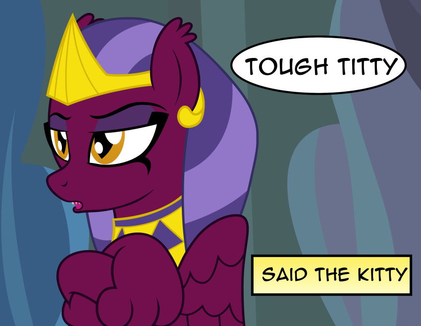 amber_eyes badumsquish crown dialogue english_text felid female friendship_is_magic hasbro headpiece hi_res humor mammal meme my_little_pony mythological_sphinx mythology neckplace pupils rhyme rhyming slit_pupils solo sphinx_(mlp) text tiara wings