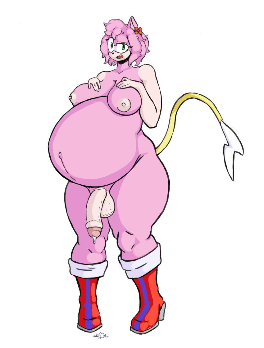 absurd_res anthro awful_lad balls belly big_balls big_belly big_breasts bodily_fluids boots boots_only breasts clothing eulipotyphlan footwear footwear_only genital_fluids genitals hedgehog hi_res hybrid intersex long_penis mammal mostly_nude nintendo nude penis pok&eacute;mon pok&eacute;mon_(species) precum pregnant pregnant_intersex raichu rosechu_(character) rosechu_(species) solo sonichu_(series) thick_thighs video_games wide_hips