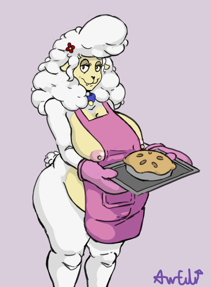 absurd_res accessory anthro apple_pie apron apron_only awful_lad belly big_belly big_breasts bovid breasts caprine clothing collar dessert female flower flower_in_hair food hair hair_accessory hi_res holding_object huge_breasts looking_at_viewer mammal mostly_nude nipple_slip pie plant pregnant sha_(twf) sheep simple_background solo the_walten_files thick_thighs wardrobe_malfunction wide_hips