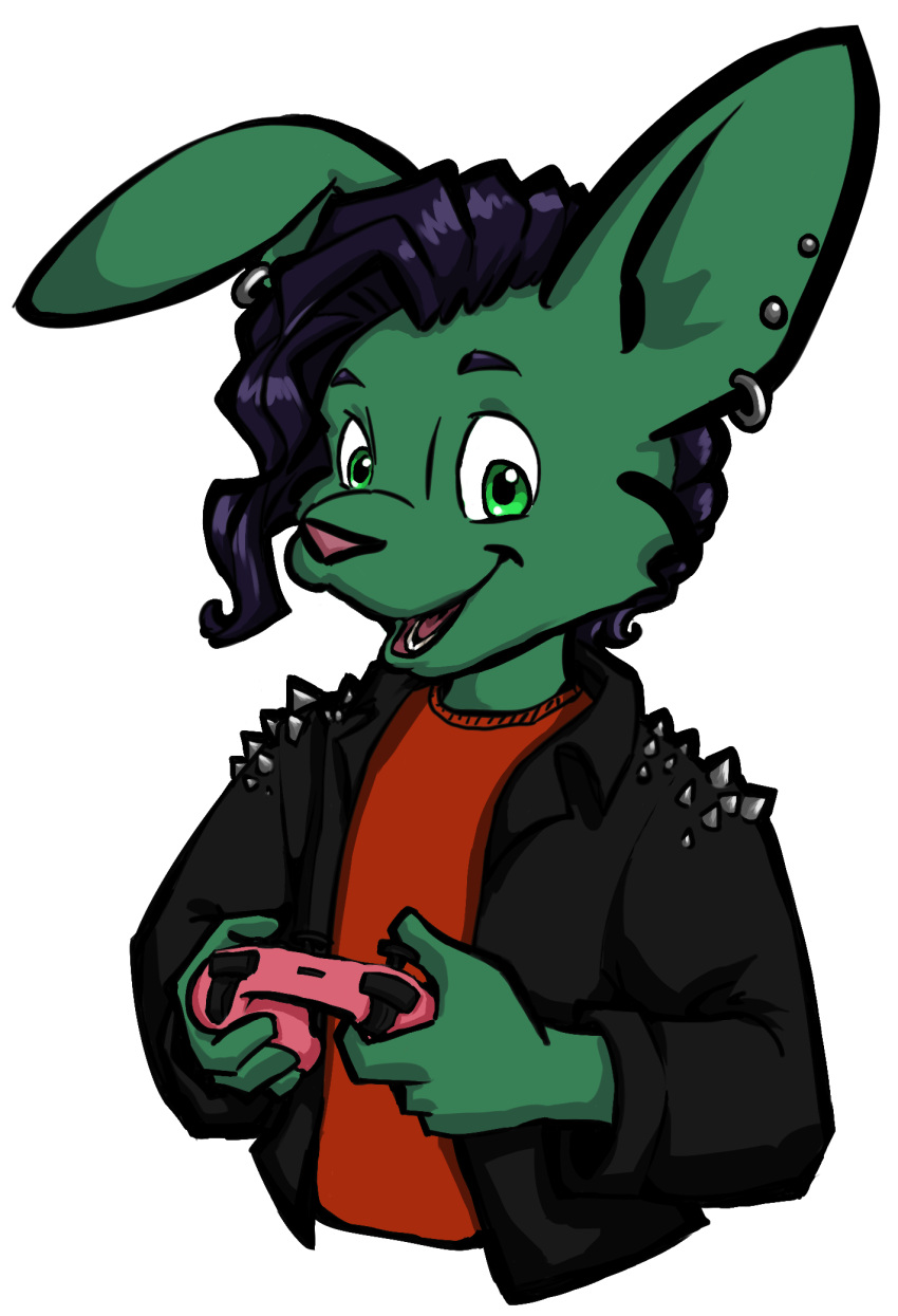 anthro black_hair clothed clothing controller ear_piercing ear_ring frankenstein's_monster fur game_controller green_body green_eyes green_fur hair half-length_portrait hi_res holding_controller holding_object jack_the_reanimated_rabbit jacket lagomorph leather leather_clothing leather_jacket leather_topwear leporid male mammal open_mouth piercing pink_nose playstation playstation_controller portrait rabbit reanimatedrabbit red_clothing red_shirt red_topwear shirt simple_background solo sony_corporation sony_interactive_entertainment spiked_jacket topwear undead video_games vtuber white_background zombie