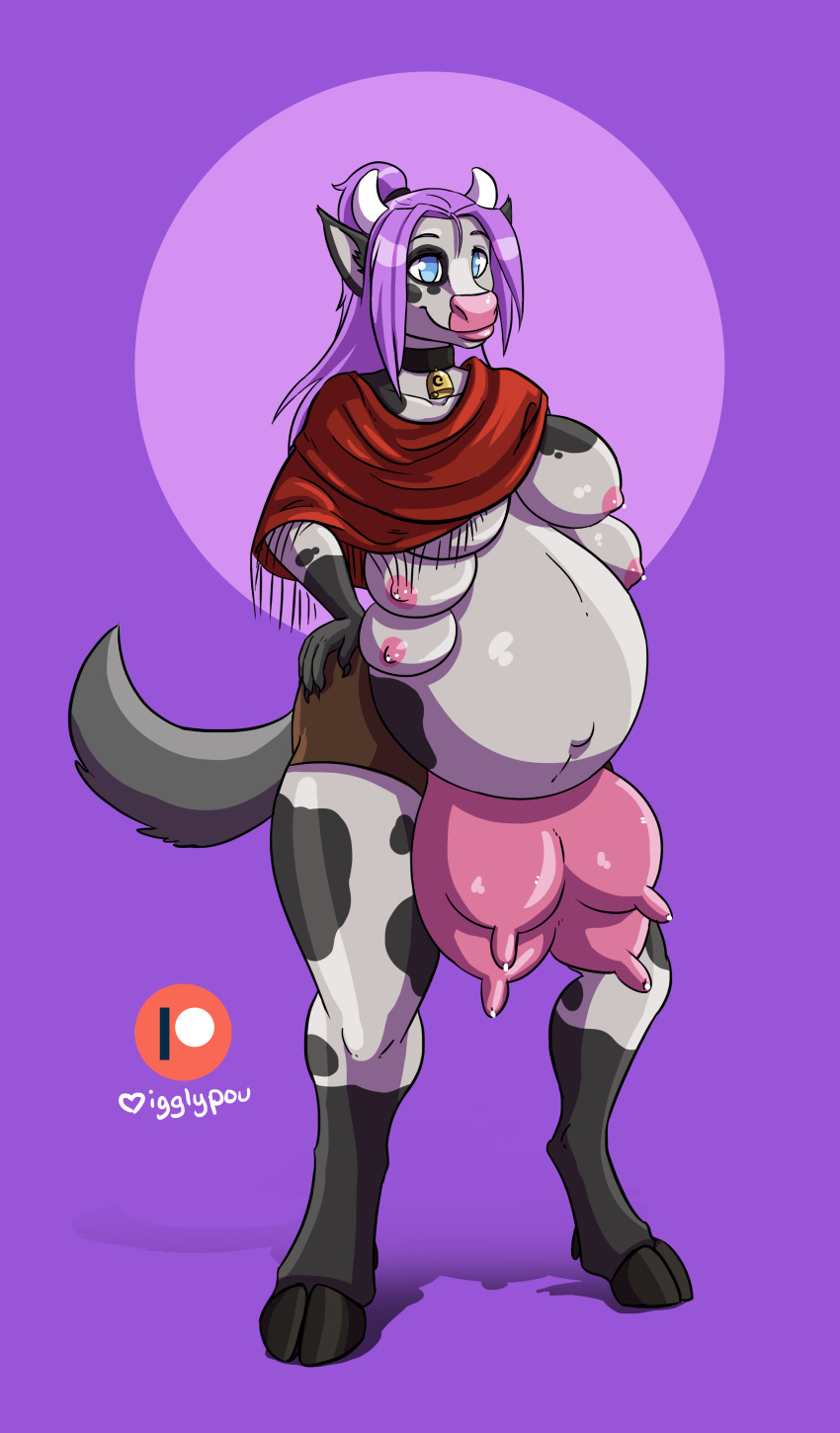 6_breasts absurd_res bell bell_collar biped black_collar black_hooves blue_eyes bovid bovine breasts canid canine canis cattle chunky collar hair hi_res hooves horn hybrid igglypou mammal multi_breast patreon patreon_logo pregnant purple_hair standing teats udders white_horn wolf