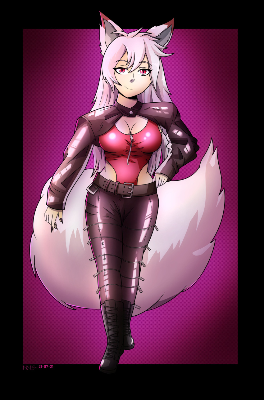 2021 absurd_res animal_humanoid canid canid_humanoid canine canine_humanoid clothing female fluffy fluffy_tail fox_humanoid hair hi_res humanoid long_hair mammal mammal_humanoid nns pink_hair purple_background red_eyes simple_background solo