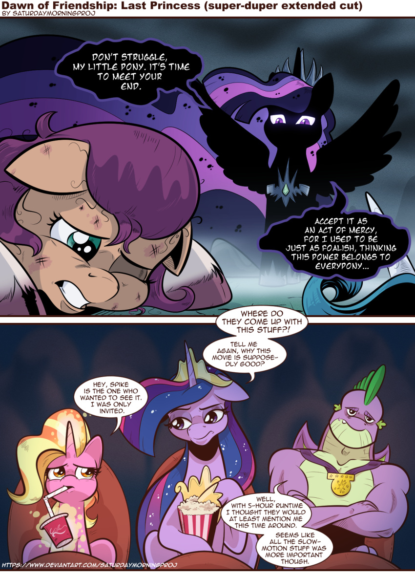 comic crown dialogue dragon drinking english_text equid equine friendship_is_magic hasbro hi_res horn horse jewelry luster_dawn_(mlp) mammal mlp_g5 my_little_pony necklace pony saturdaymorningproj spike_(mlp) sunny_starscout_(mlp) text tiara twilight_sparkle_(mlp) unicorn url winged_unicorn wings