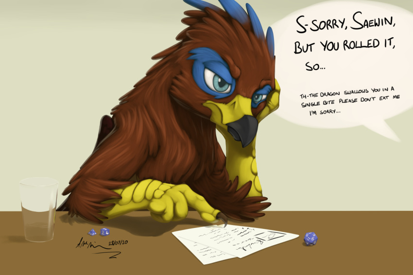 annoyed avian beak bird_feet blue_markings brown_body dice doesnotexist english_text feathered_wings feathers feral gryphon markings mythological_avian mythology saewin solo tabletop text wings