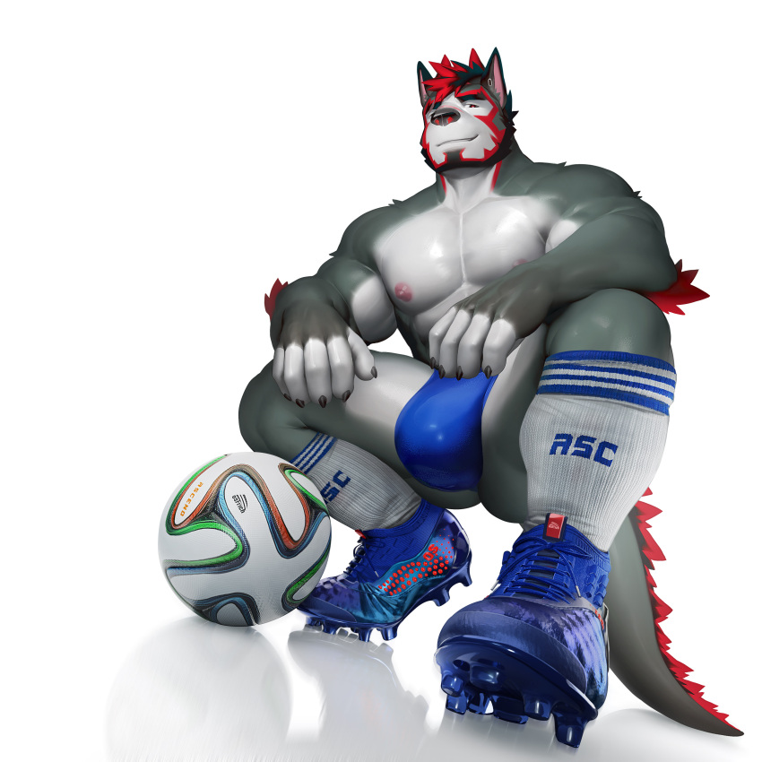1:1 3d_(artwork) 5_fingers absurd_res anthro areola ball big_bulge biped blue_clothing blue_footwear blue_shoes blue_underwear bulge canid canine canis clothed clothing crouching digital_media_(artwork) facial_scar fingers footwear fur grey_body grey_fur hair hi_res male mammal muscular muscular_anthro muscular_male nipples o_(takahirosi) pecs pink_nipples red_eyes red_hair reflection scar shoes simple_background soccer_ball socks solo takahirosi topless underwear white_background white_body