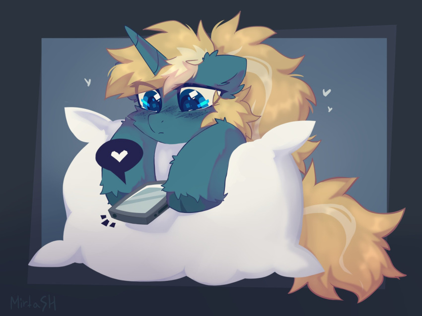 &lt;3 4:3 ears_down equid equine female feral fetlocks glossy_eyed hasbro hi_res horn looking_down mammal maple_parapet mirtash my_little_pony phone pillow pivoted_ears simple_background solo tired_eyes unicorn