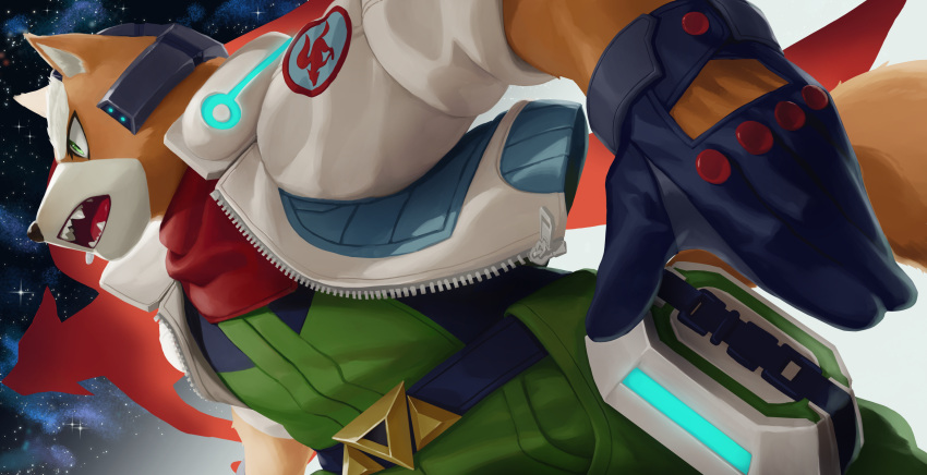 anthro belt brown_body brown_fur canid canine clothed clothing fox fox_mccloud fur gaoemon3 gloves green_clothing green_eyes handwear hi_res jacket male mammal nintendo open_mouth solo space star_fox teeth topwear video_games white_body white_clothing white_fur white_jacket white_topwear