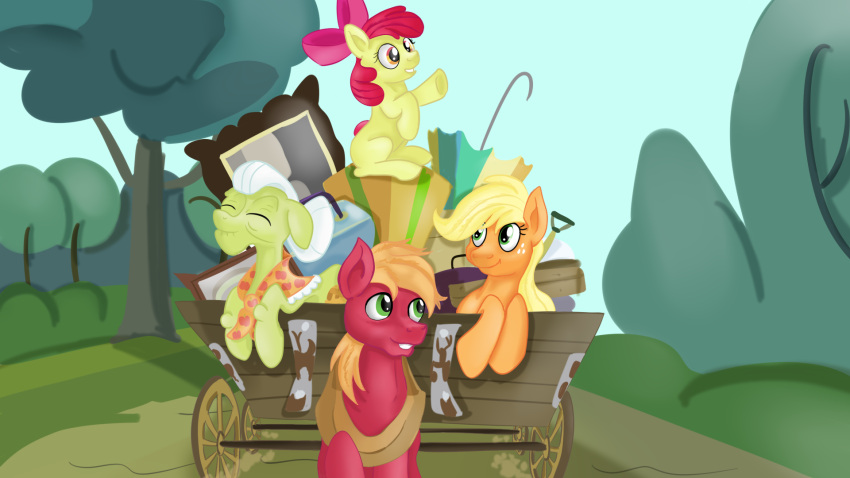 16:9 apple_bloom_(mlp) applejack_(mlp) big_macintosh_(mlp) carriage earth_pony equid equine eyes_closed female friendship_is_magic granny_smith_(mlp) group hasbro hi_res hooves horse jbond male mammal my_little_pony pony raised_hoof road scene_interpretation smile widescreen