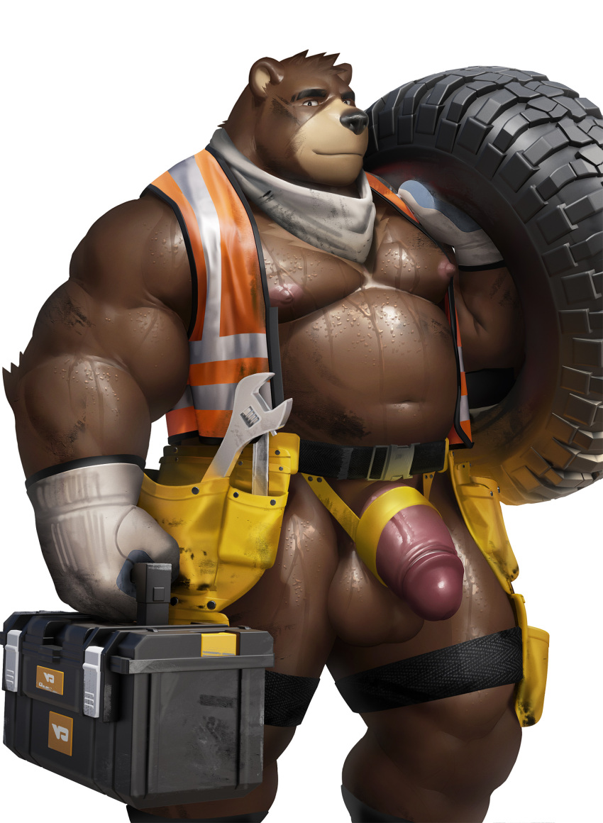 anthro areola balls belly bodily_fluids brown_balls clothed clothing construction_worker dirty genitals glans gloves handwear hi_res holding_object humanoid_genitalia humanoid_penis looking_at_viewer male mammal musclegut neckerchief nipples orange_vest pecs penis simple_background solo sweat takahirosi tire tool_belt toolbox tools ursid white_background wrench